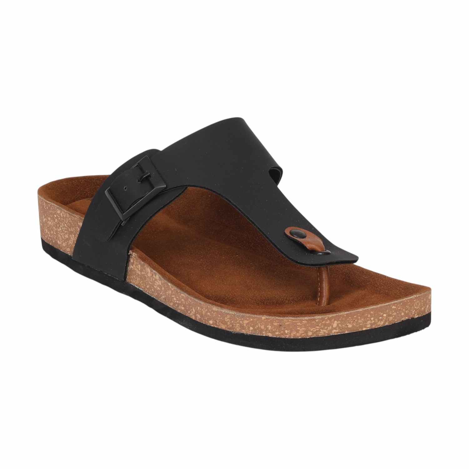 Men Black T-Strap Comfort Chappal With Buckle And Cork Footbed