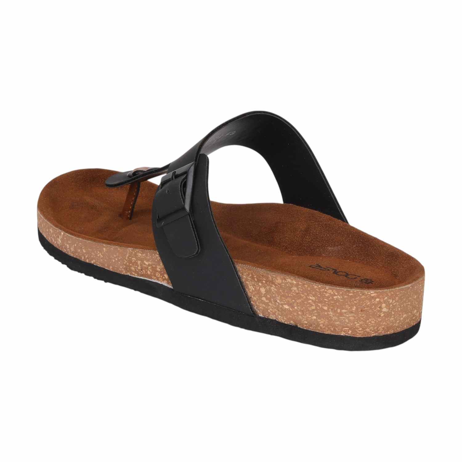 Men Black T-Strap Comfort Chappal With Buckle And Cork Footbed