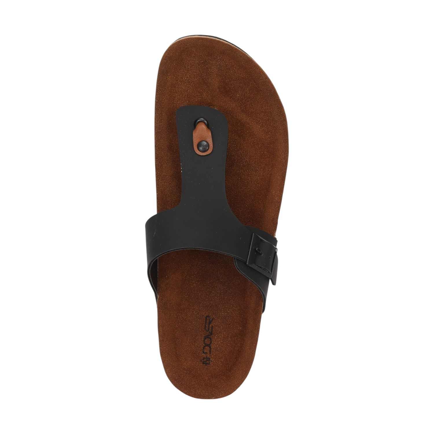 Men Black T-Strap Comfort Chappal With Buckle And Cork Footbed