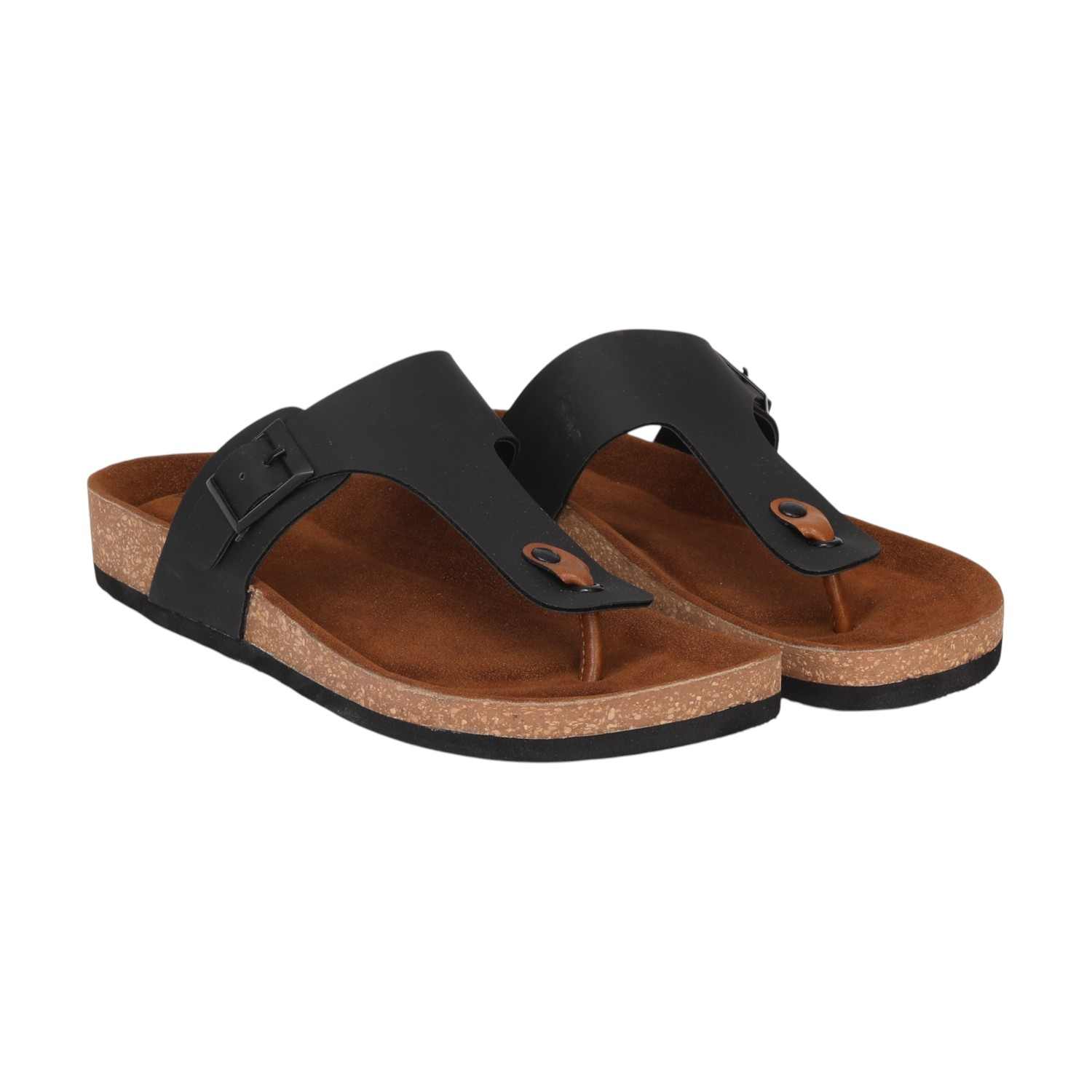 Men Black T-Strap Comfort Chappal With Buckle And Cork Footbed