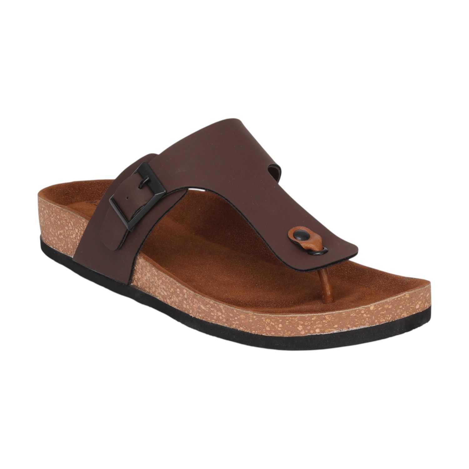 Men Brown T-Strap Comfort Chappal With Buckle And Cork Footbed