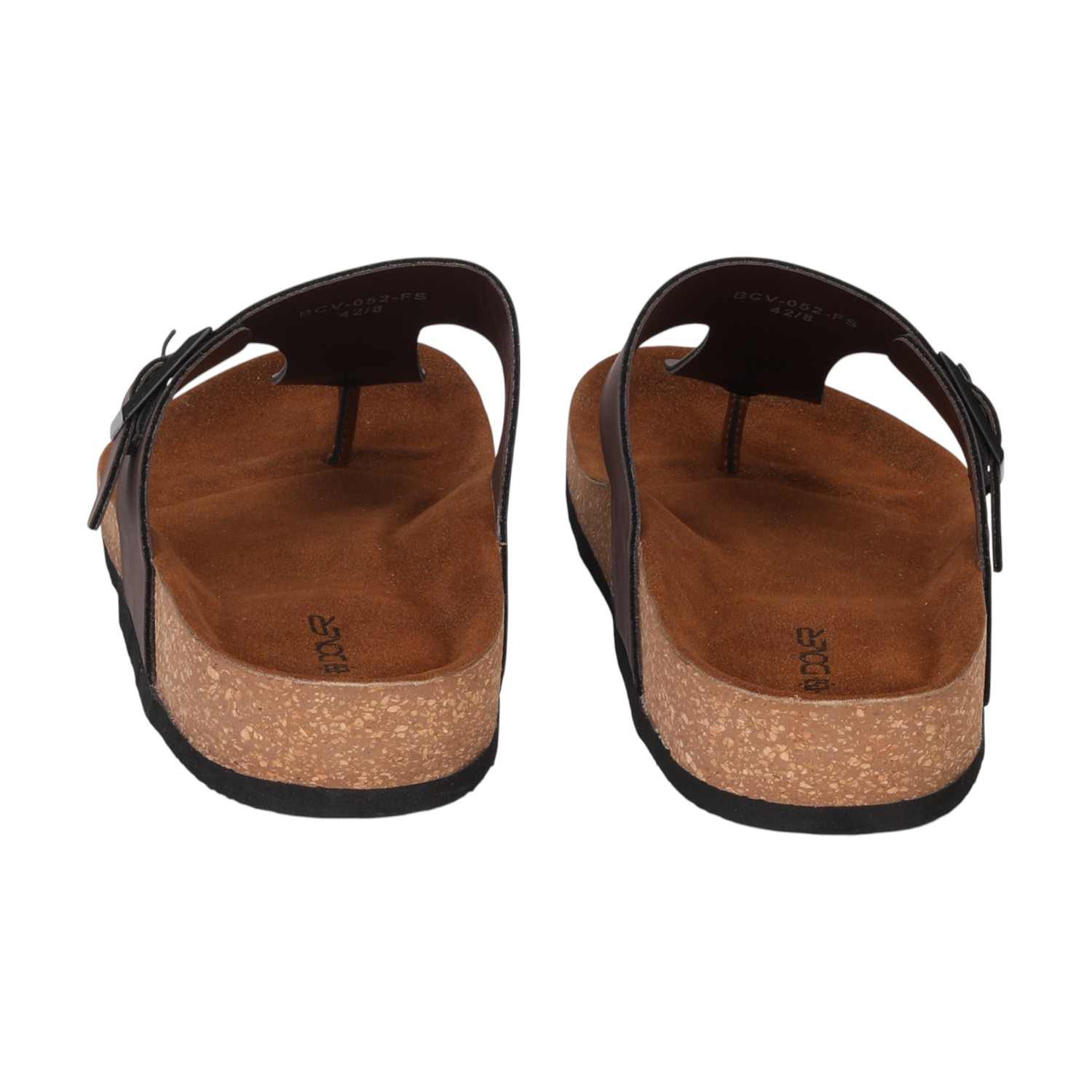 Men Brown T-Strap Comfort Chappal With Buckle And Cork Footbed