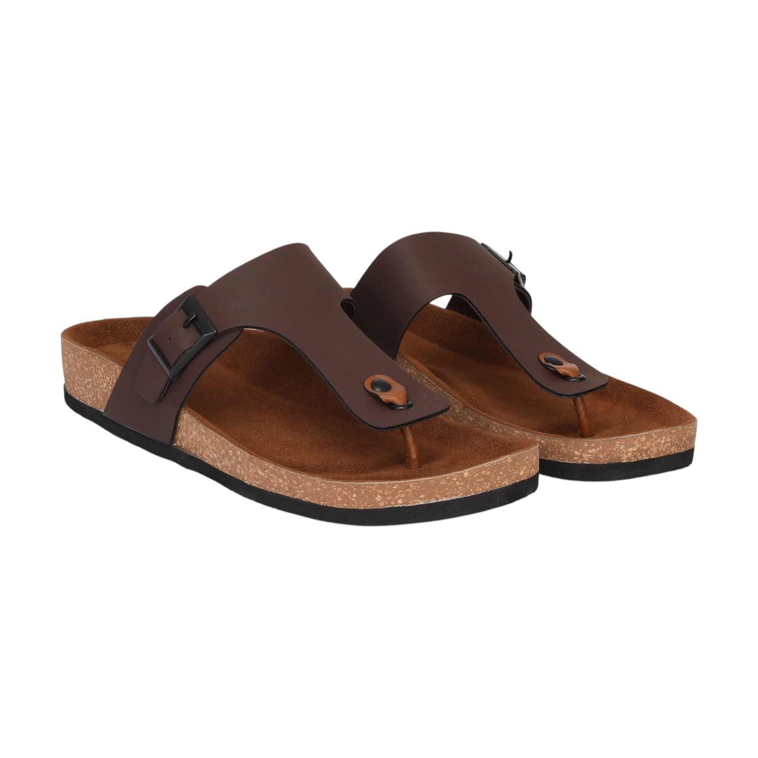 Men Brown T-Strap Comfort Chappal With Buckle And Cork Footbed
