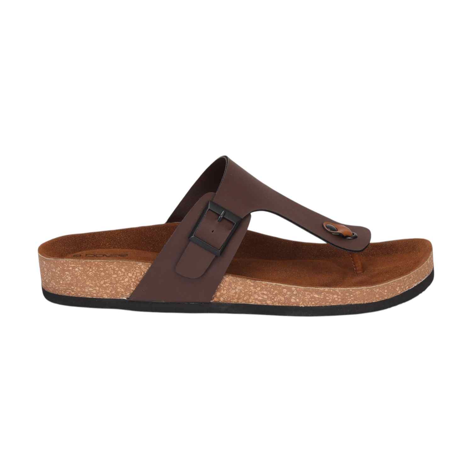 Men Brown T-Strap Comfort Chappal With Buckle And Cork Footbed