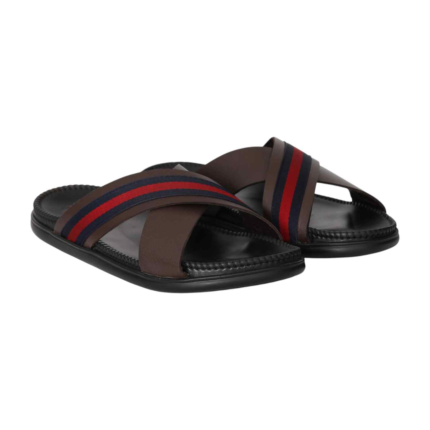 Men Oxford Brown Stripe Cross Sandals