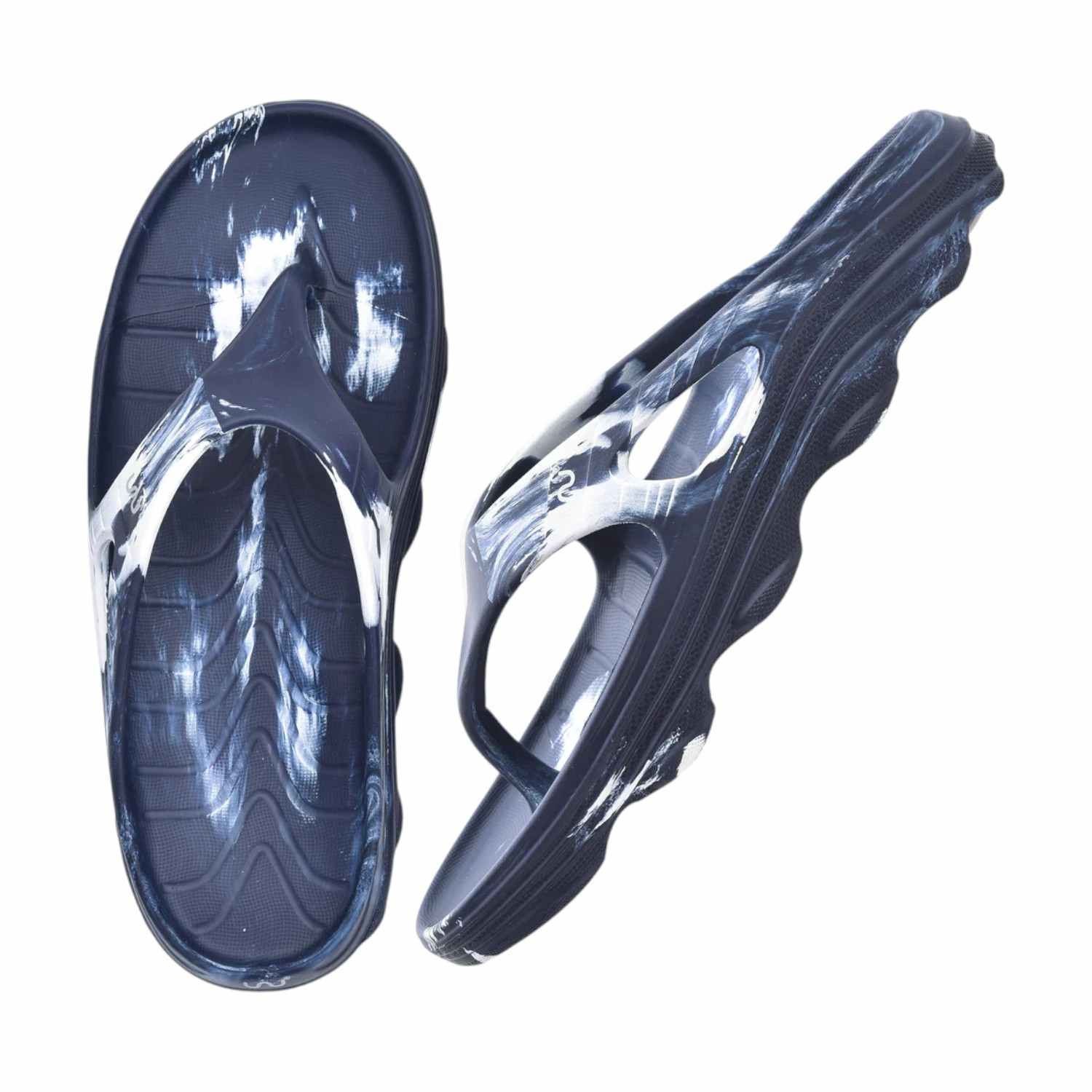 Men Navy Blue Flip Flops with White Brushstroke Design