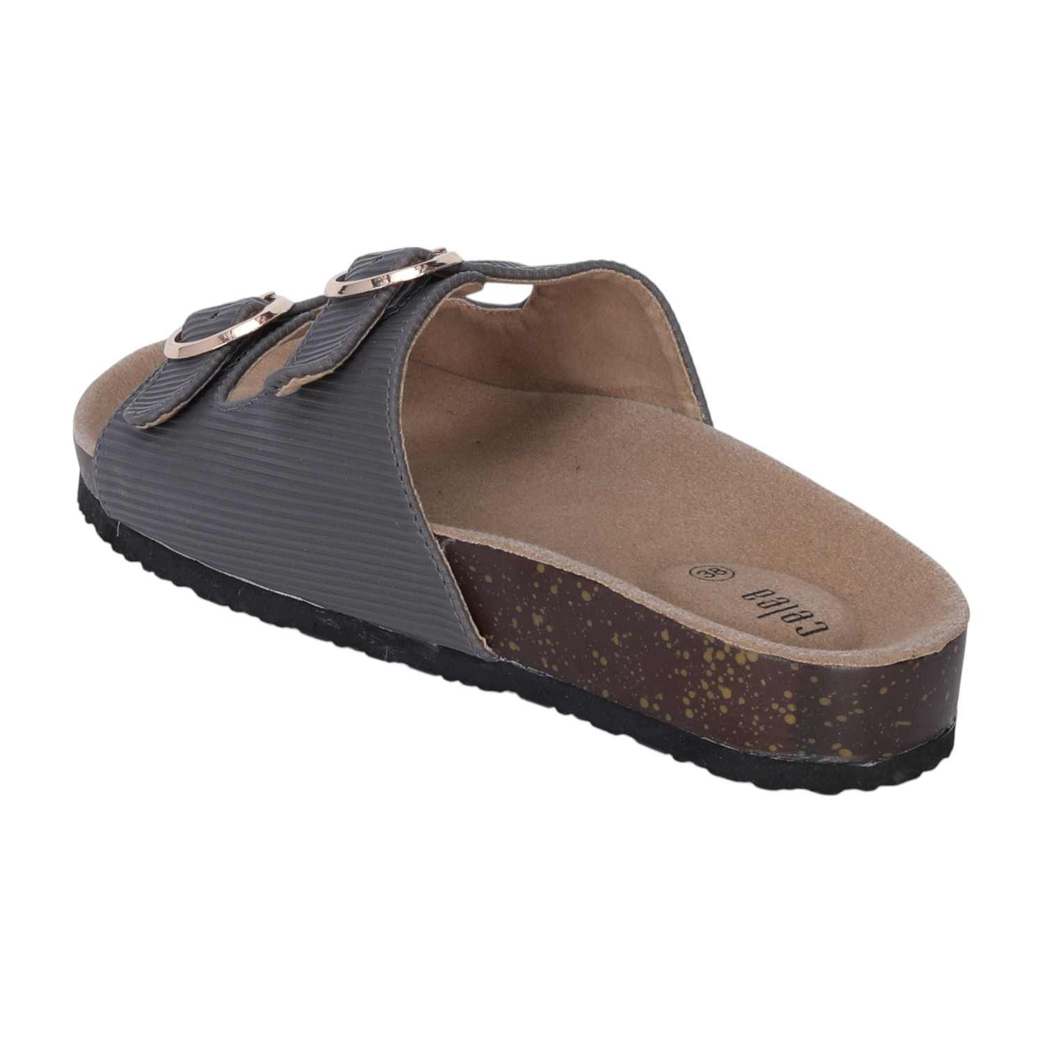 Women Grey Dual-Buckle Comfort Slide