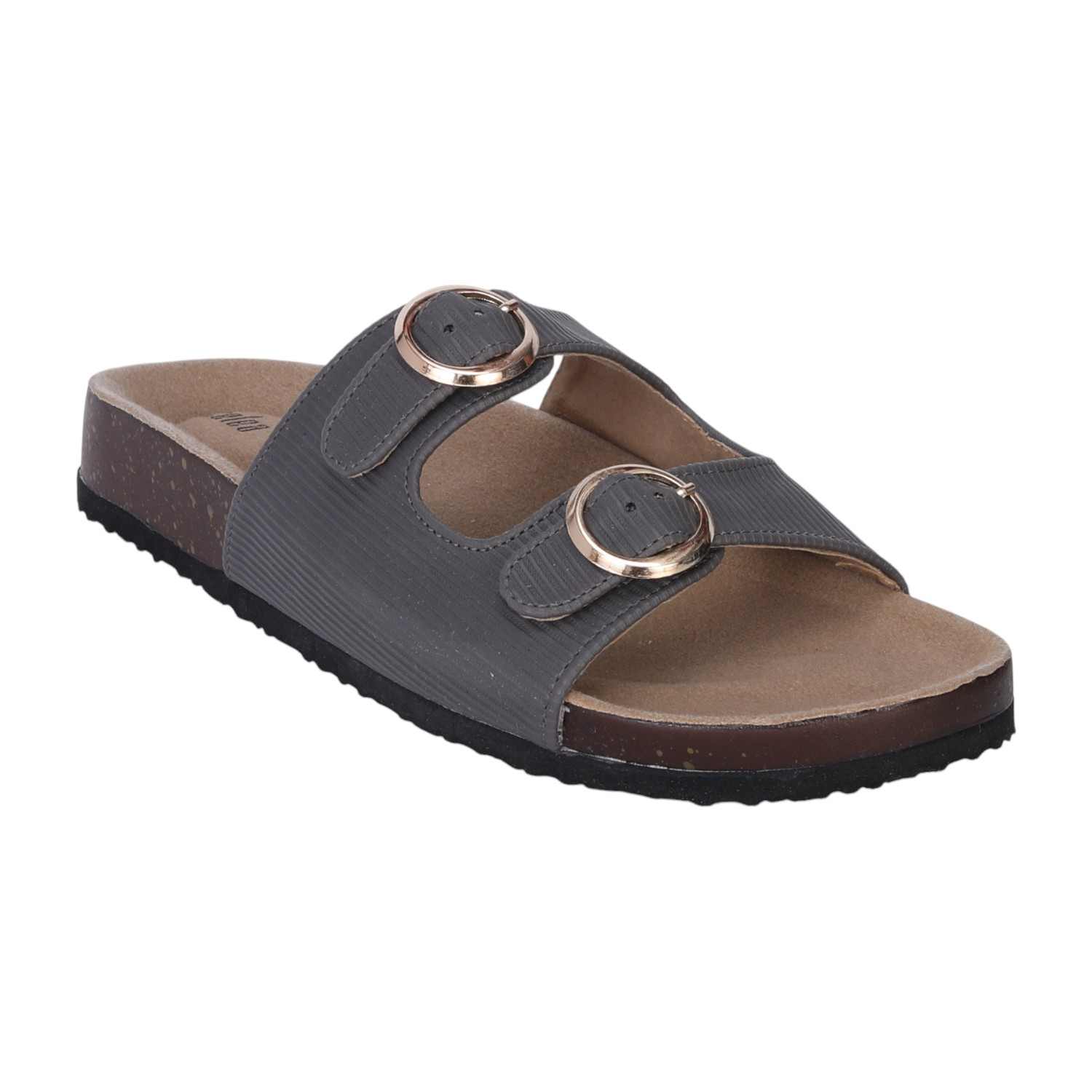 Women Grey Dual-Buckle Comfort Slide