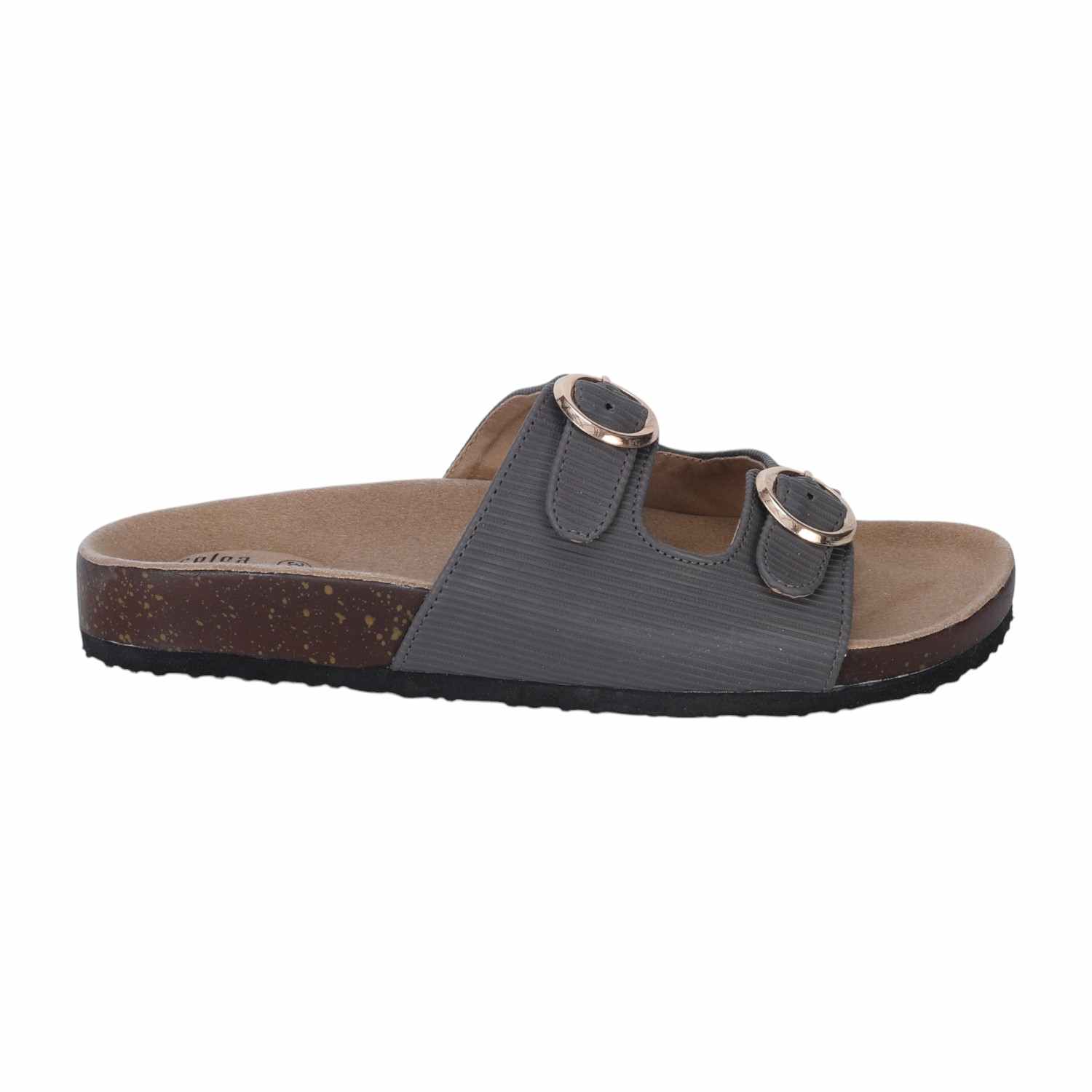 Women Grey Dual-Buckle Comfort Slide