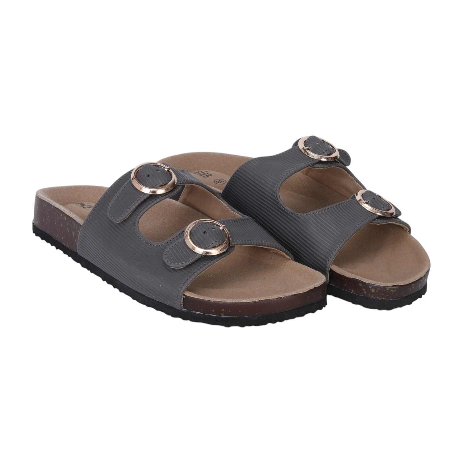 Women Grey Dual-Buckle Comfort Slide