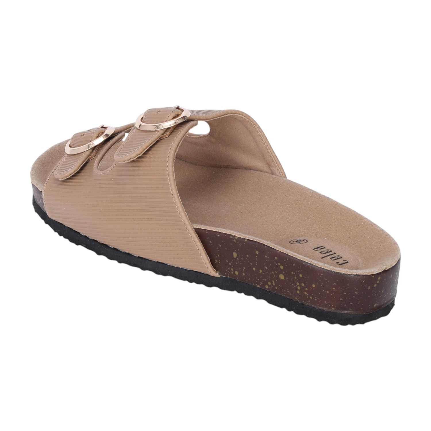 Women Beige Dual Buckle Comfort Slide