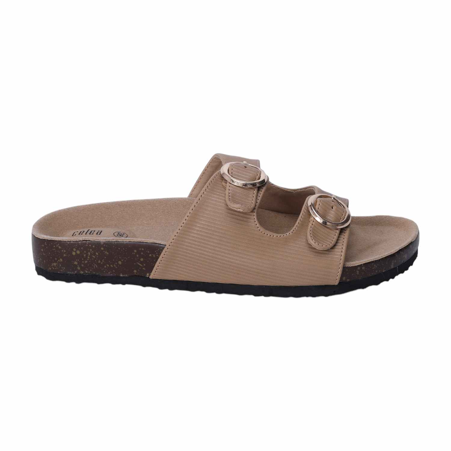 Women Beige Dual Buckle Comfort Slide