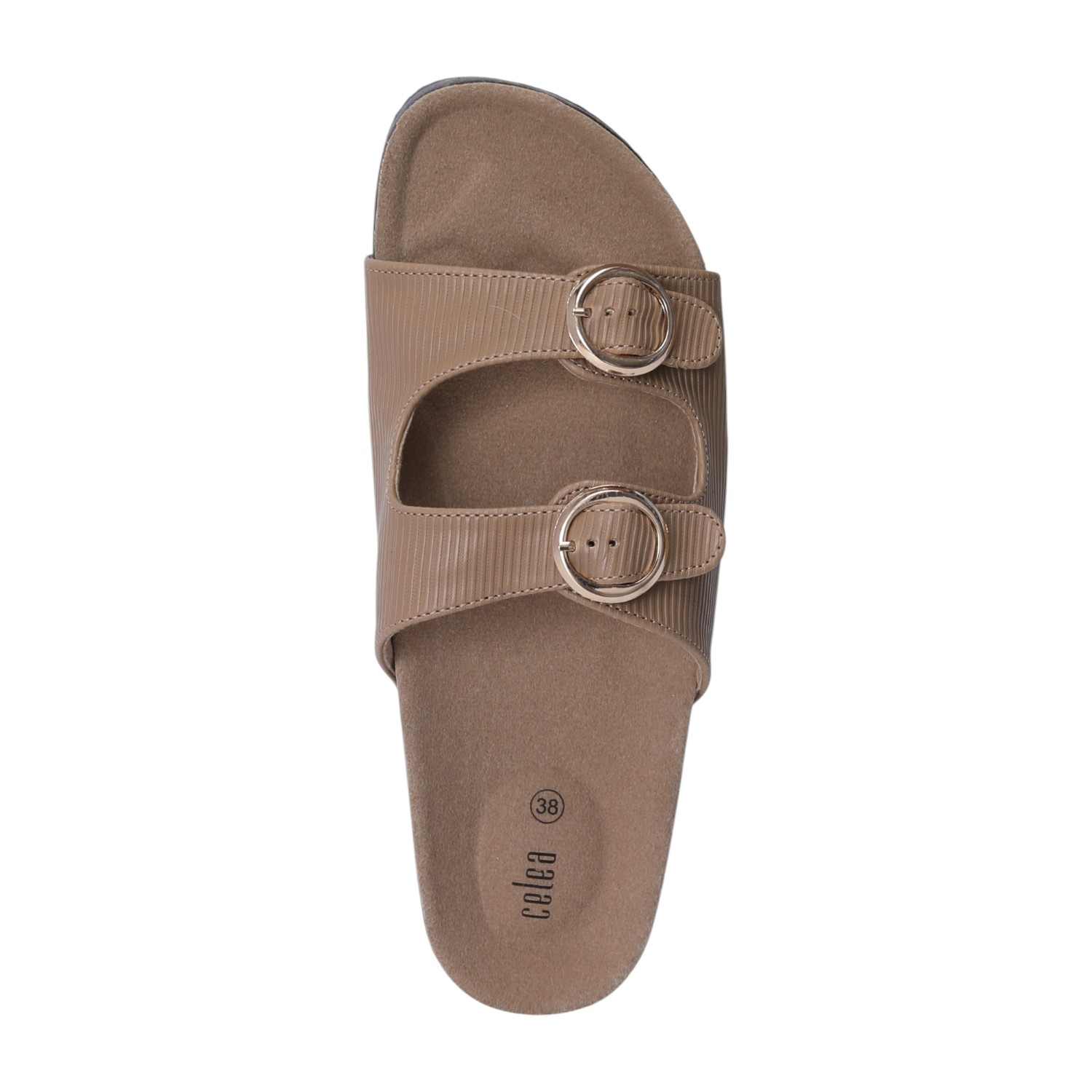 Women Beige Dual Buckle Comfort Slide