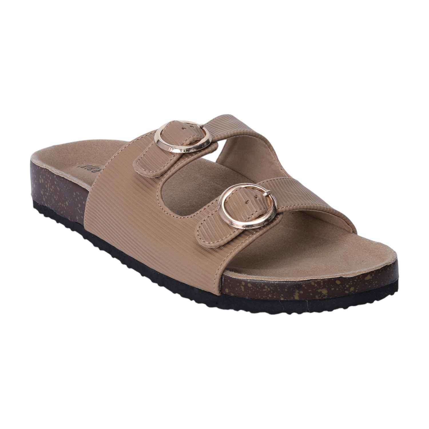Women Beige Dual Buckle Comfort Slide