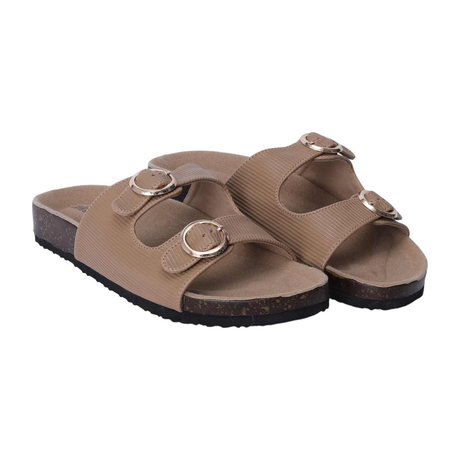 Women Beige Dual Buckle Comfort Slide