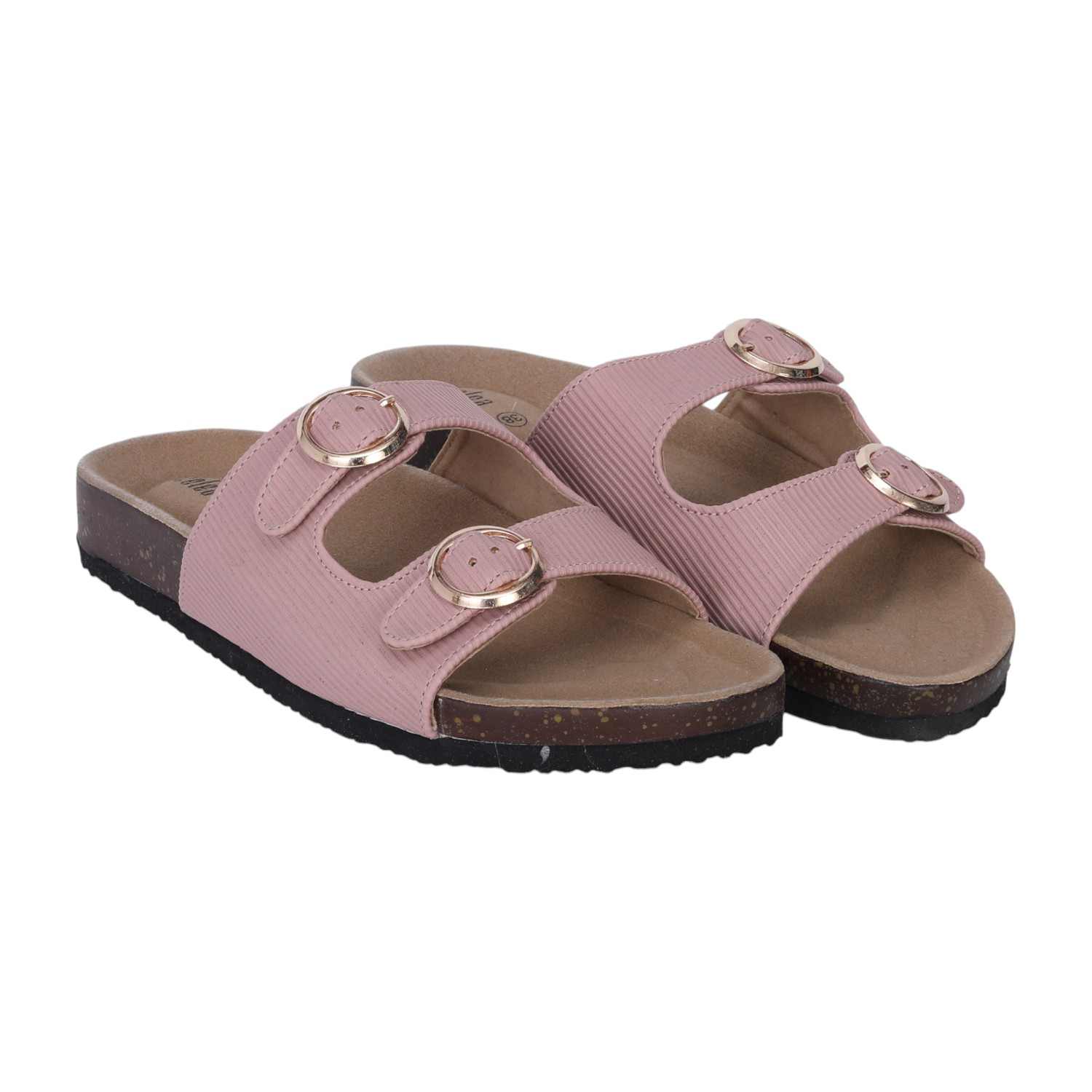 Women Pink Dual Buckle Comfort Slide