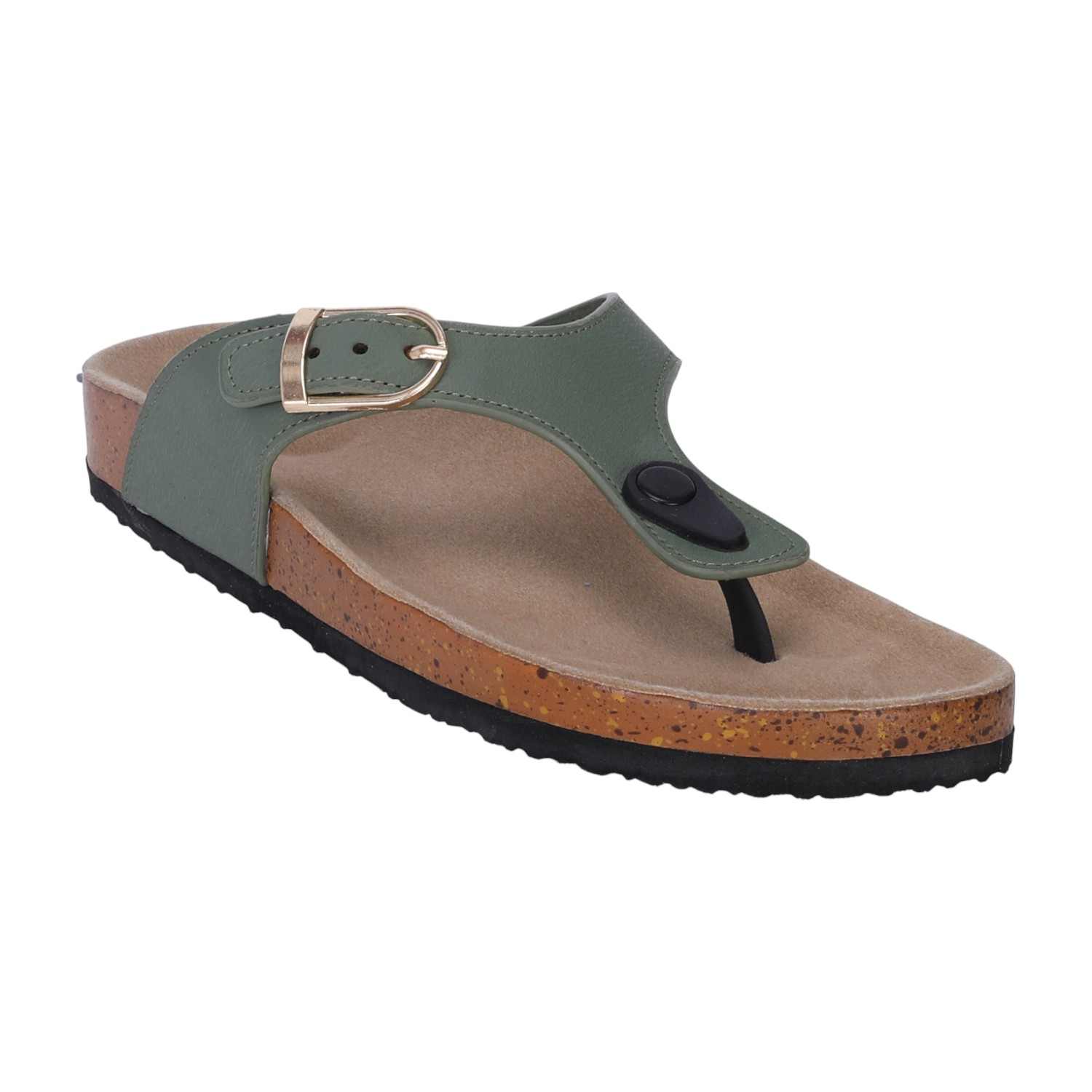 Women Olive T Strap Chappal with Buckel