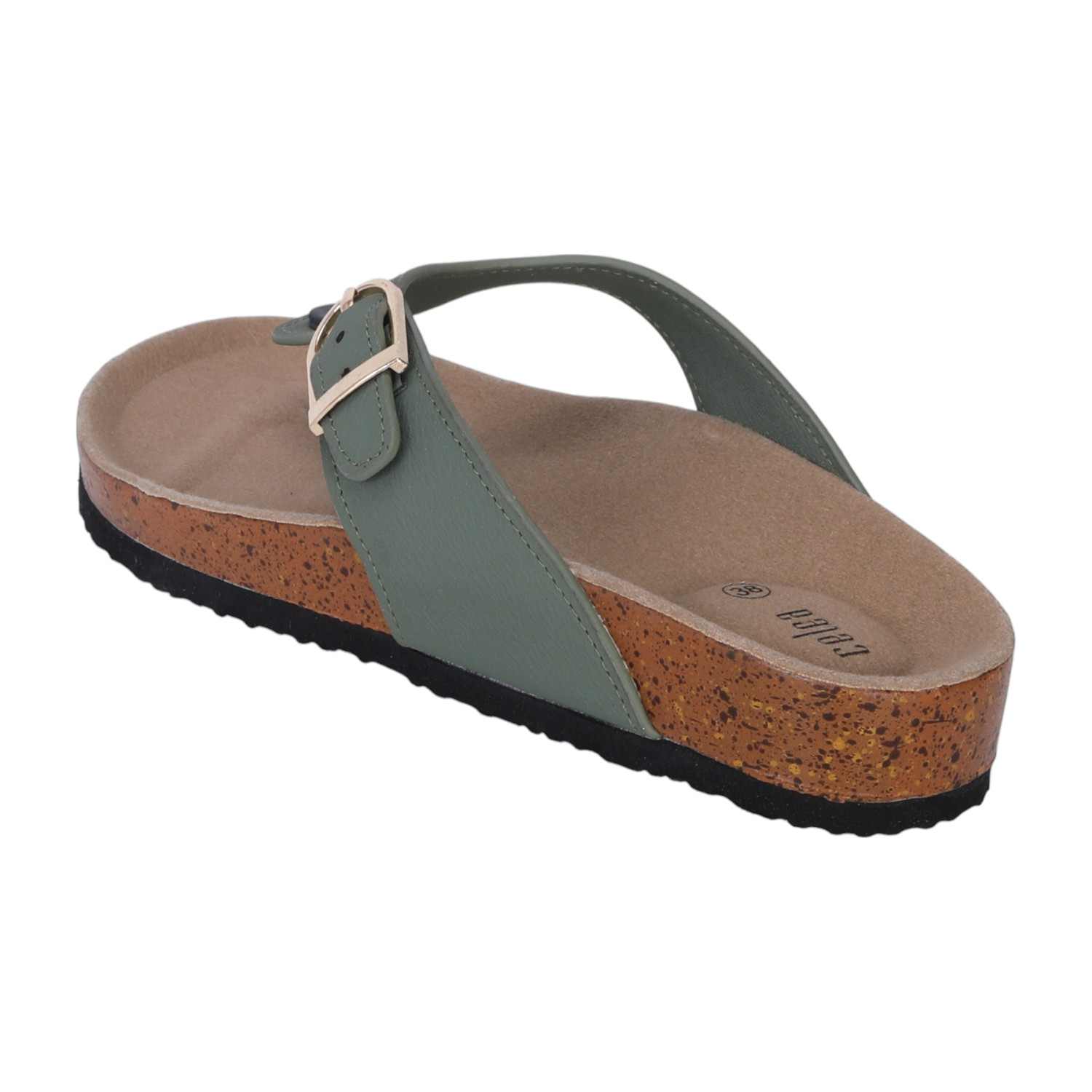 Women Olive T Strap Chappal with Buckel
