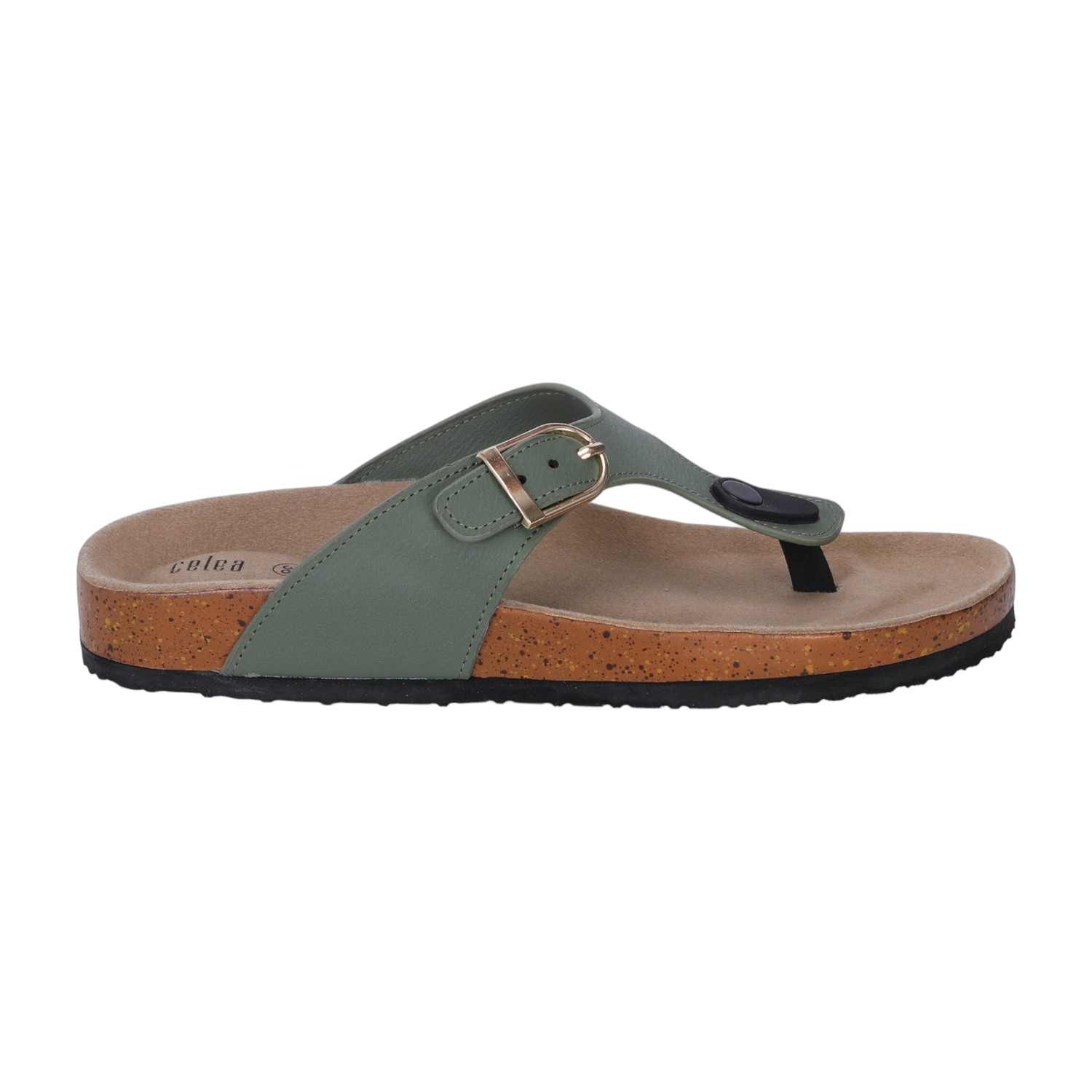 Women Olive T Strap Chappal with Buckel