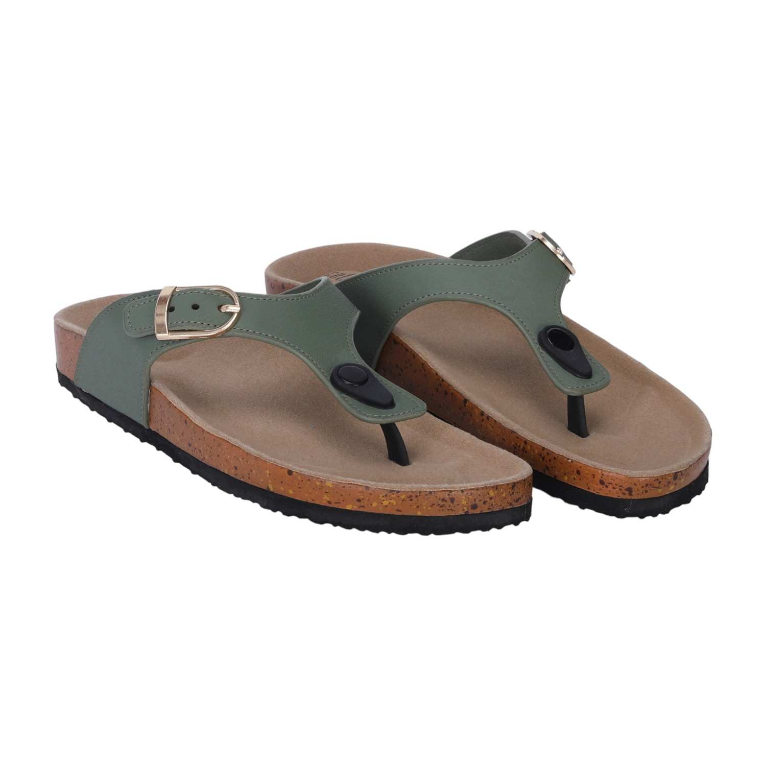Women Olive T Strap Chappal with Buckel
