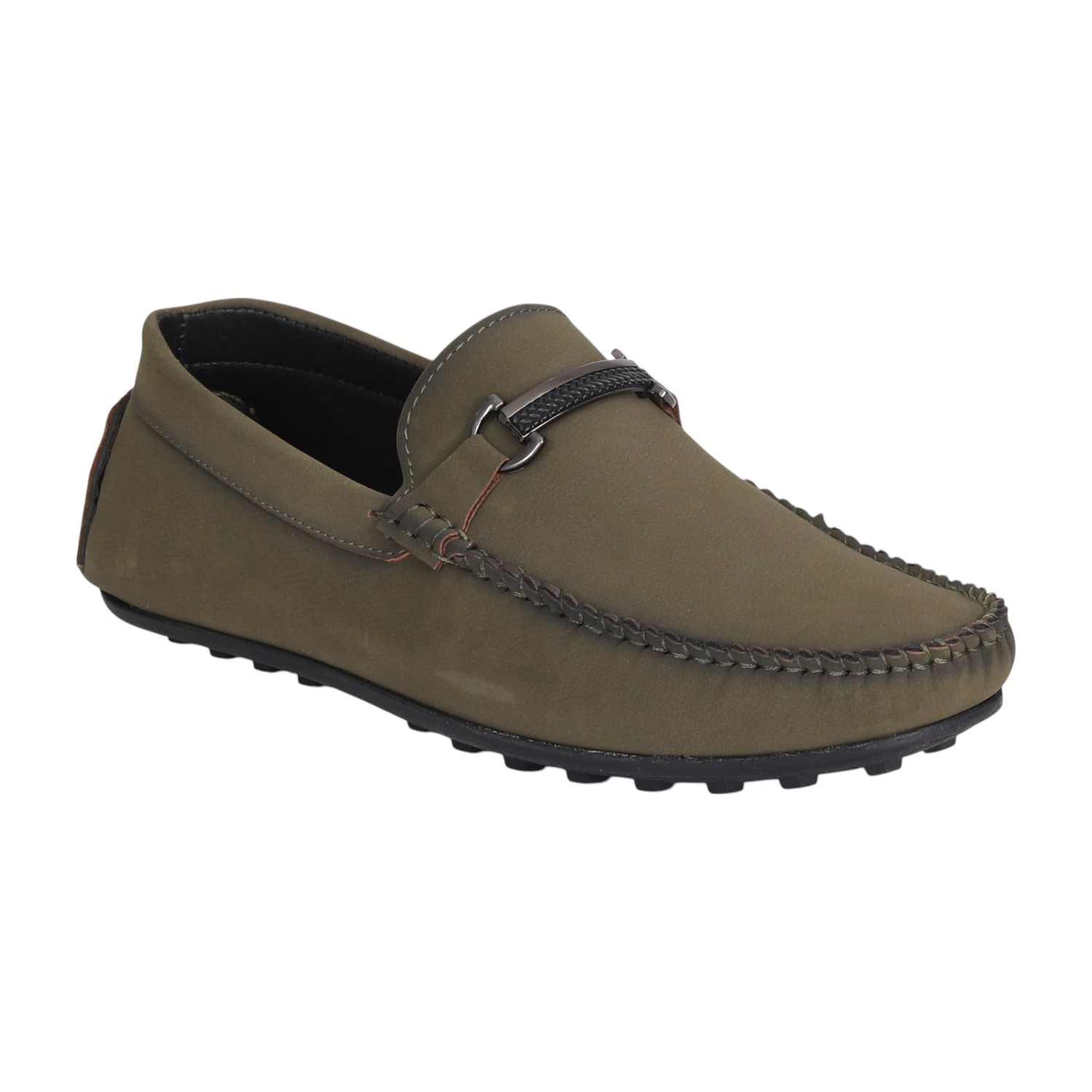 Men Matte Olive Loafer with Metallic Buckle