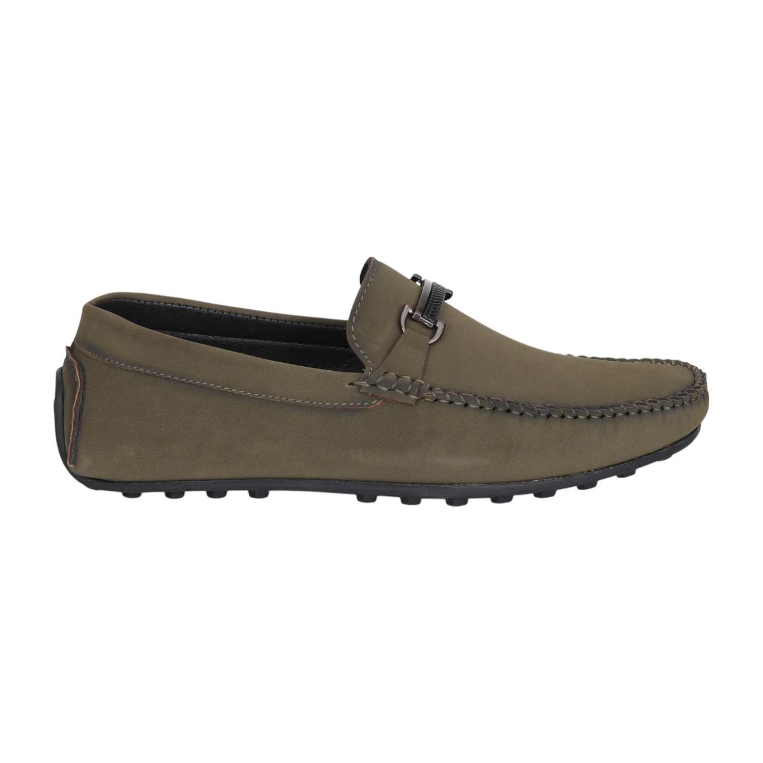Men Matte Olive Loafer with Metallic Buckle