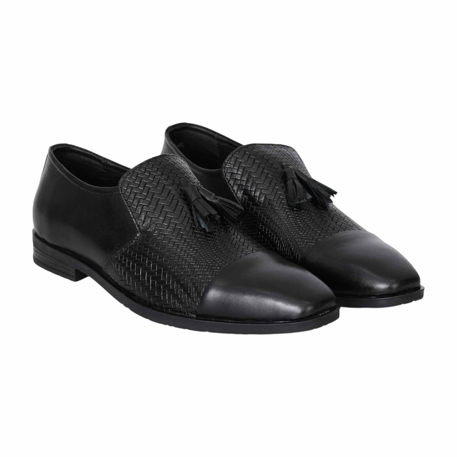 Men Black Woven Tassel Slip-Ons