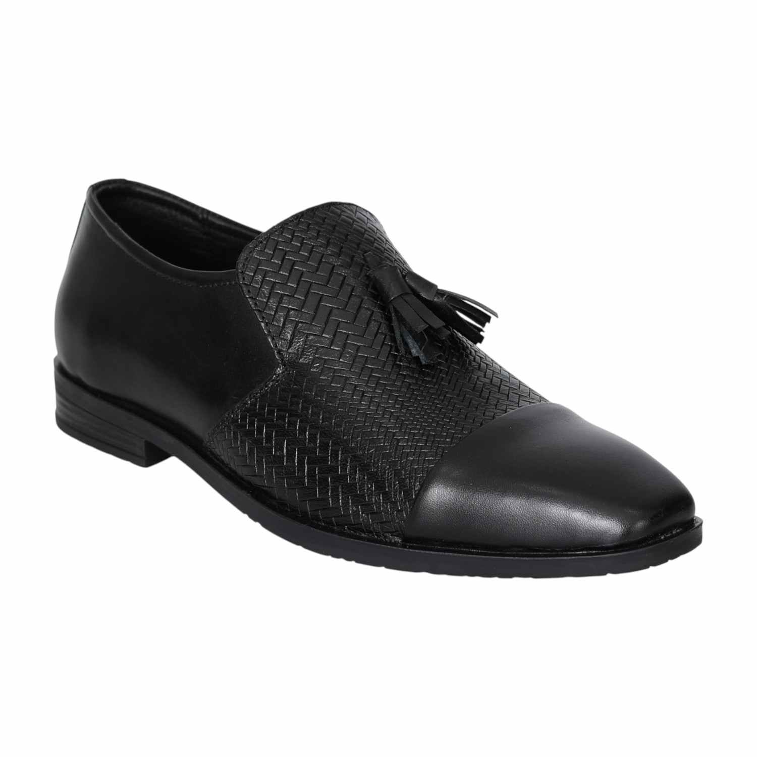 Men Black Woven Tassel Slip-Ons