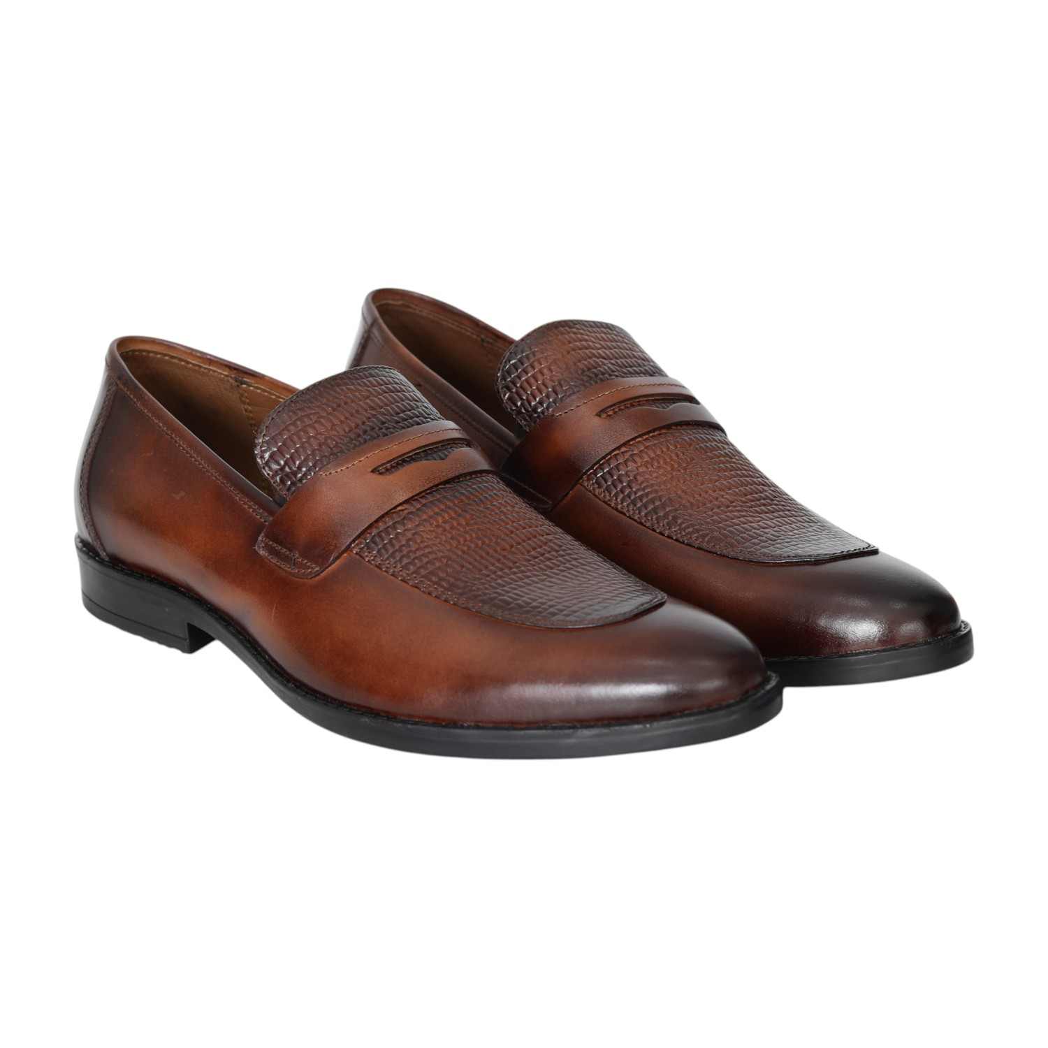 Men Tan Textured Penny Loafers