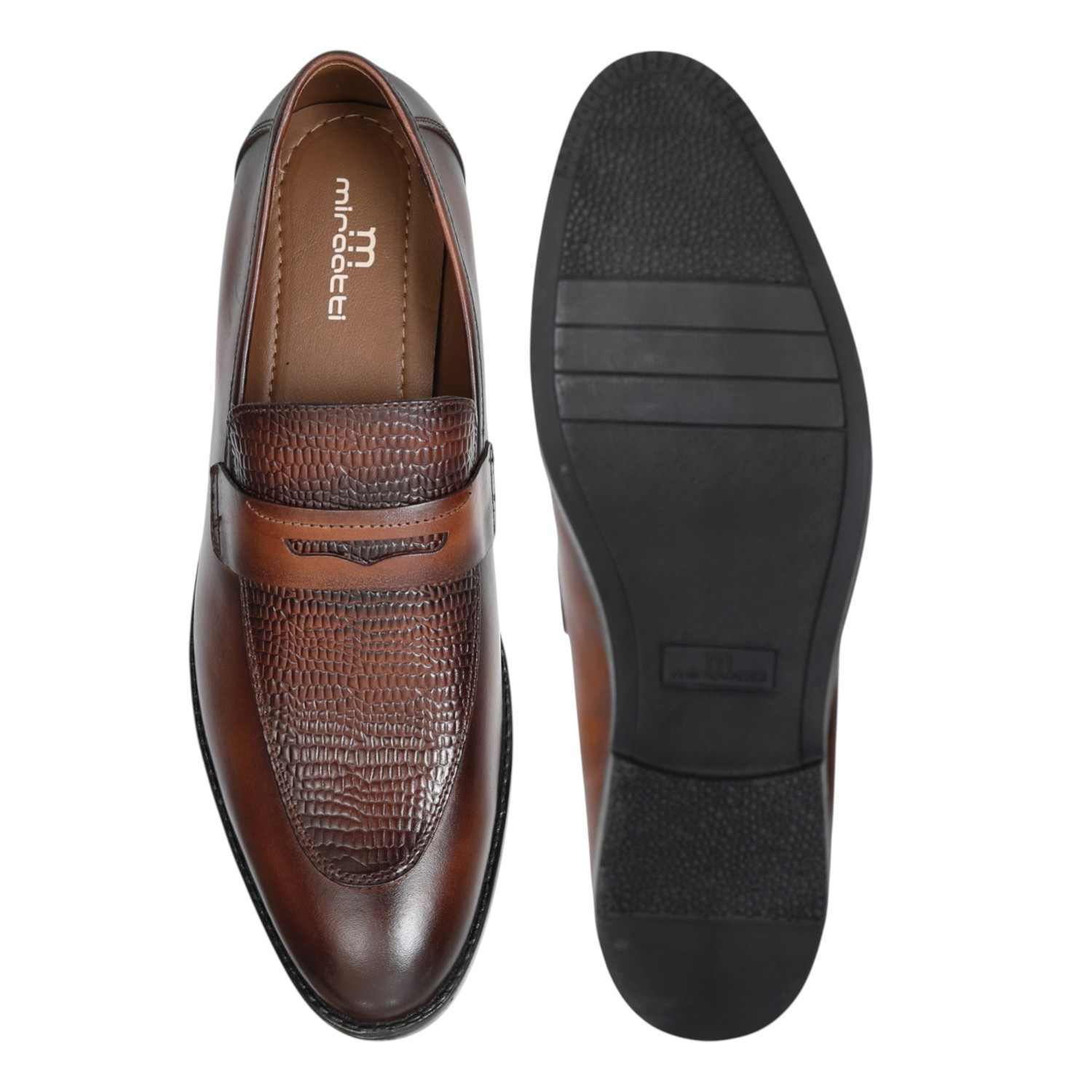 Men Tan Textured Penny Loafers
