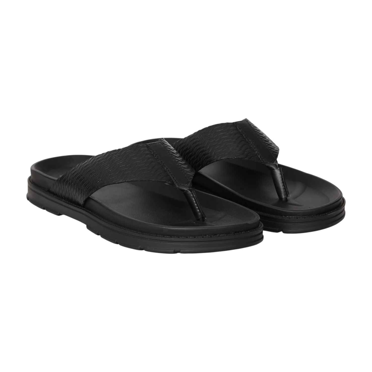 Men Jet Black Textured Thong Sandals