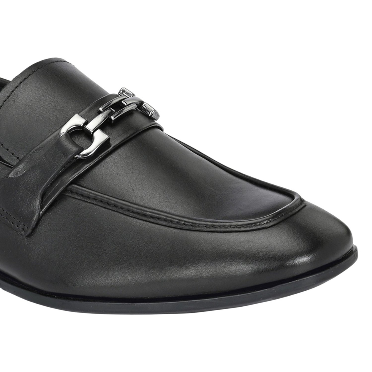 Men Black Leather Bit Loafers with Silver-Tone
