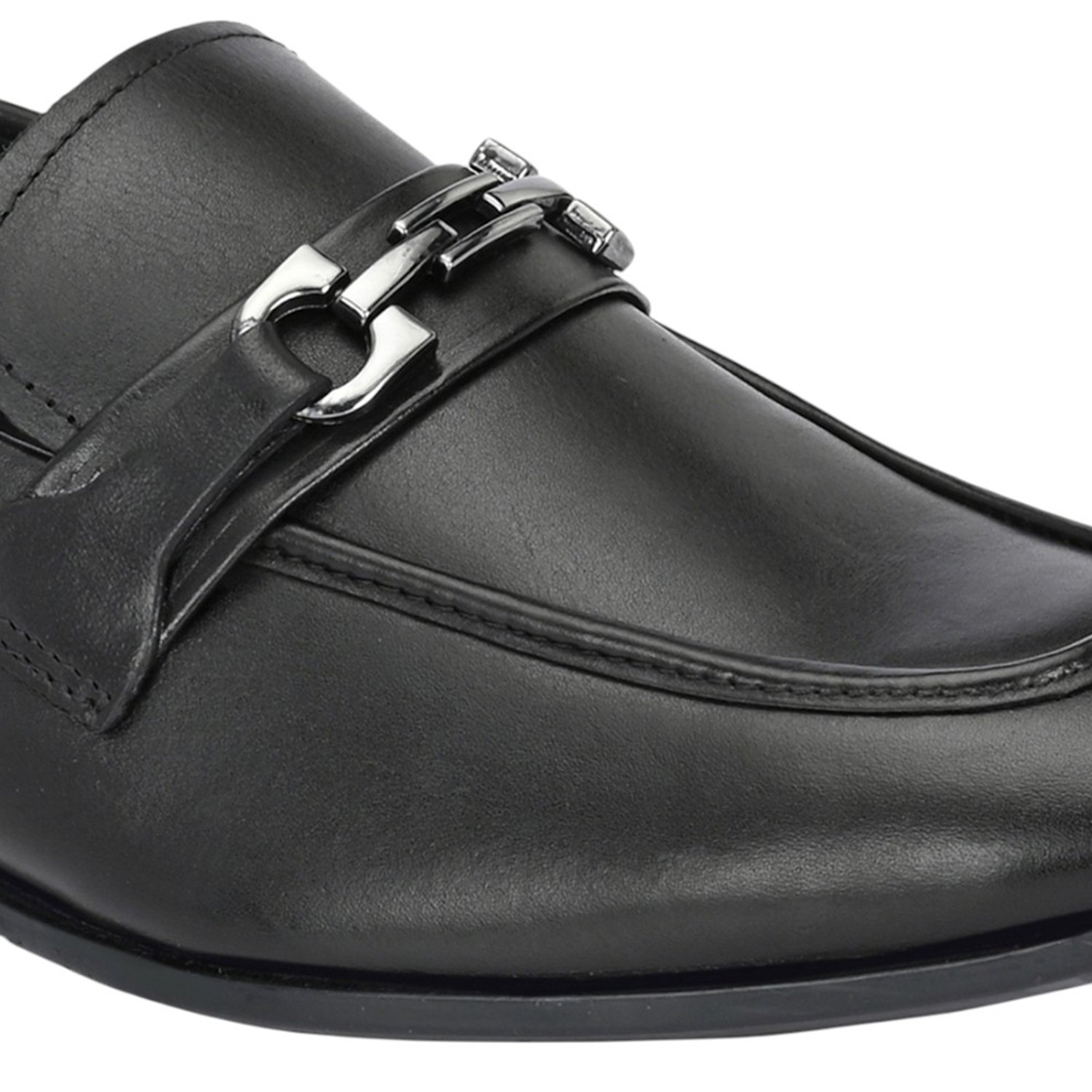 Men Black Leather Bit Loafers with Silver-Tone