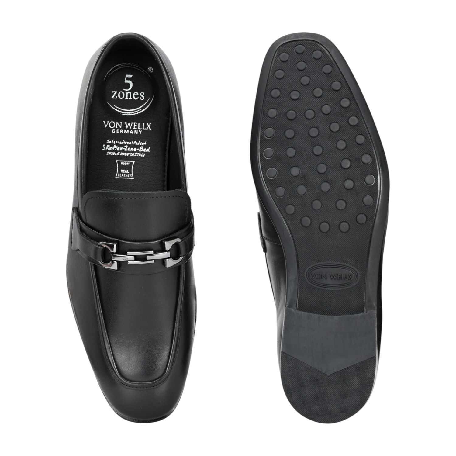 Men Black Leather Bit Loafers with Silver-Tone