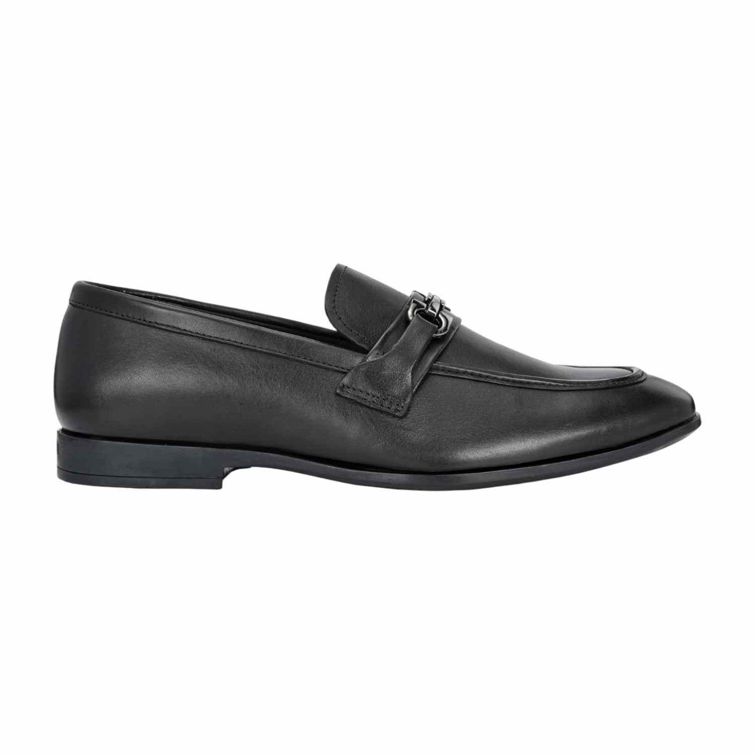 Men Black Leather Bit Loafers with Silver-Tone