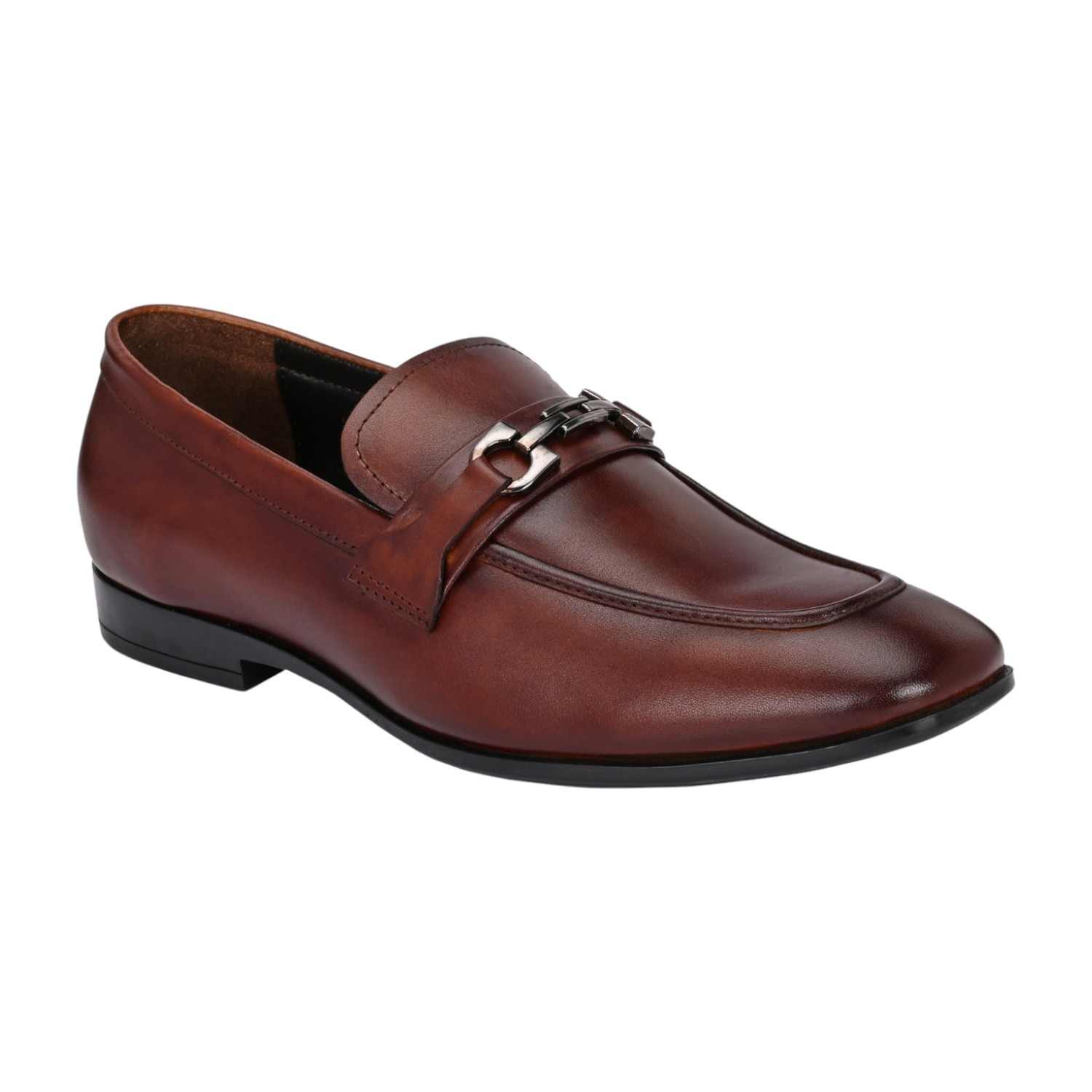 Men Brown Leather Bit Loafers with Silver-Tone