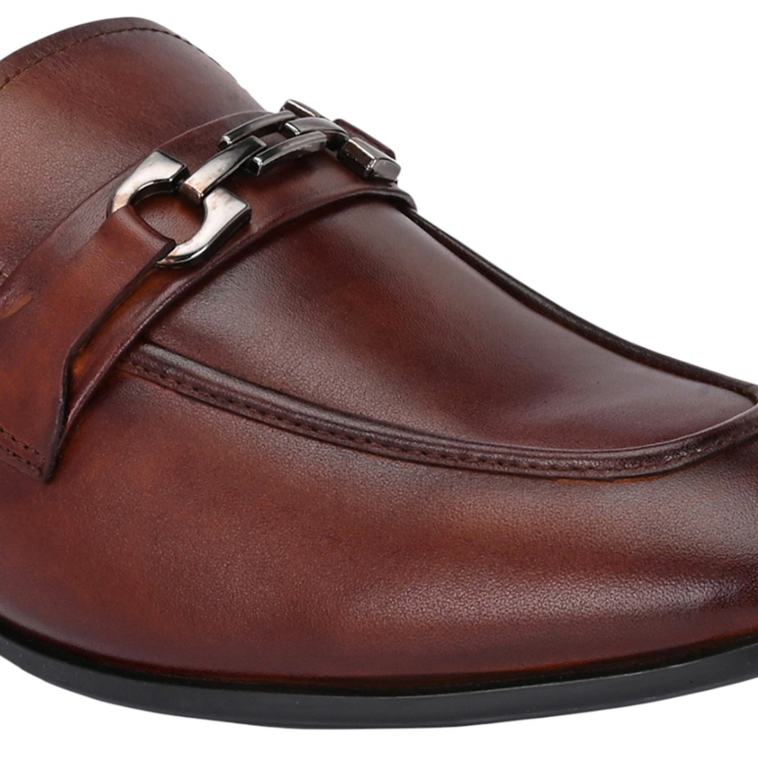 Men Brown Leather Bit Loafers with Silver-Tone