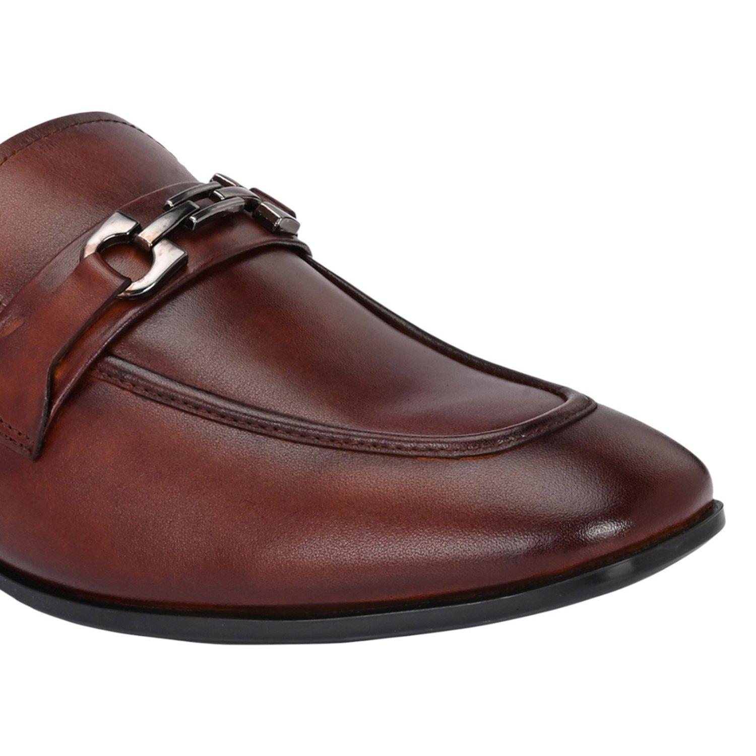 Men Brown Leather Bit Loafers with Silver-Tone