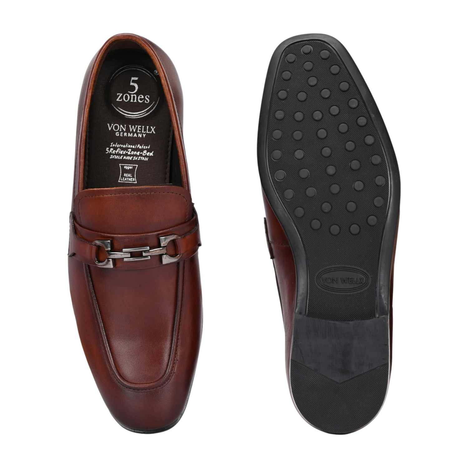 Men Brown Leather Bit Loafers with Silver-Tone