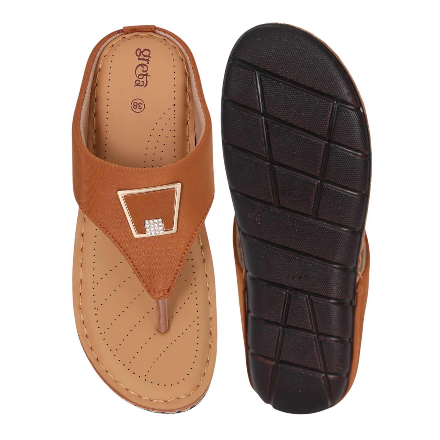 Women Tan Slip-On Thong Sandals