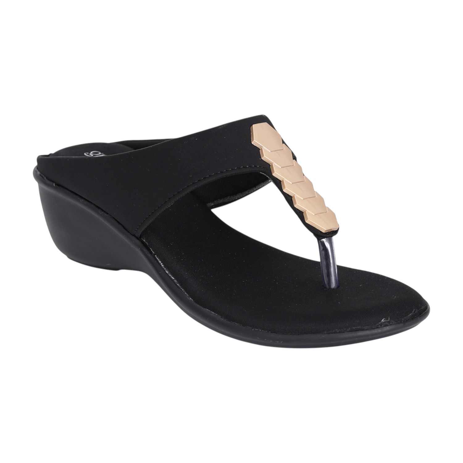 Women Black Gold Accent Wedge Sandals