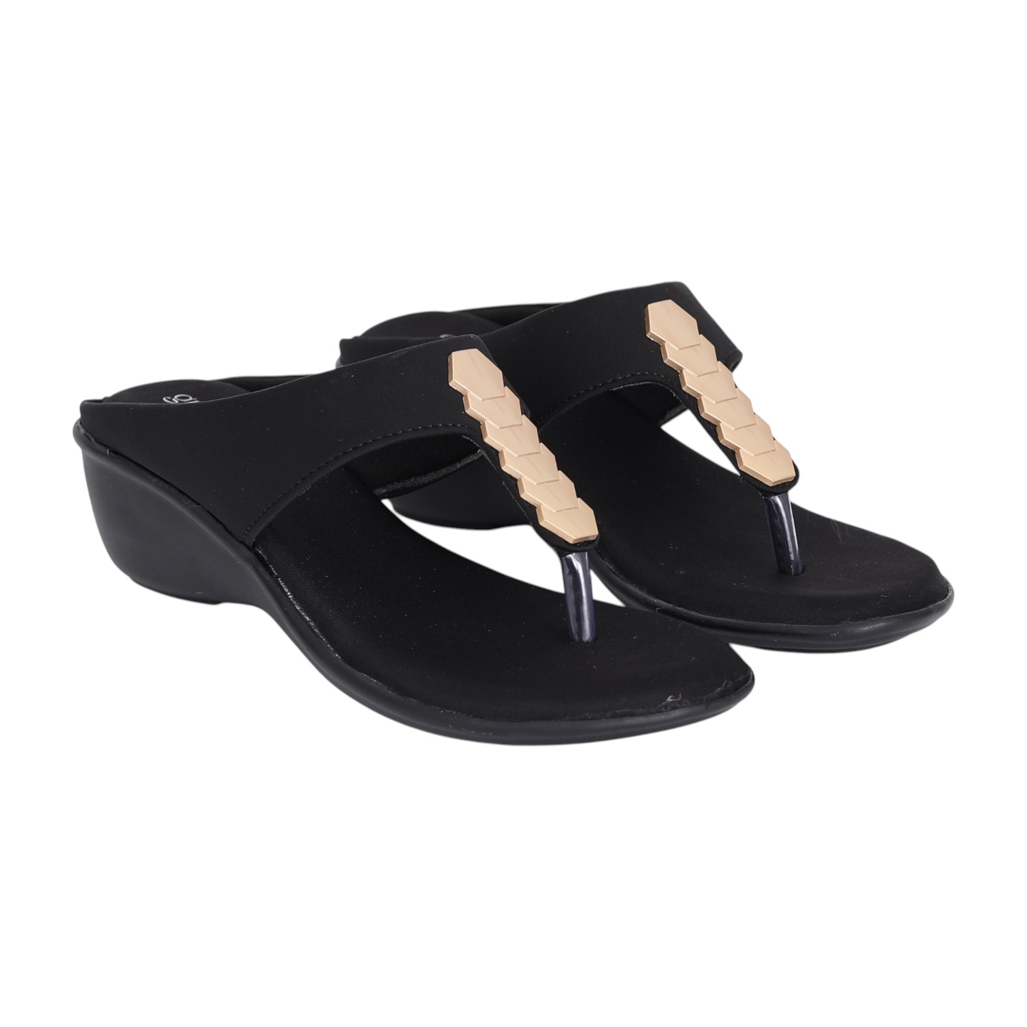 Women Black Gold Accent Wedge Sandals