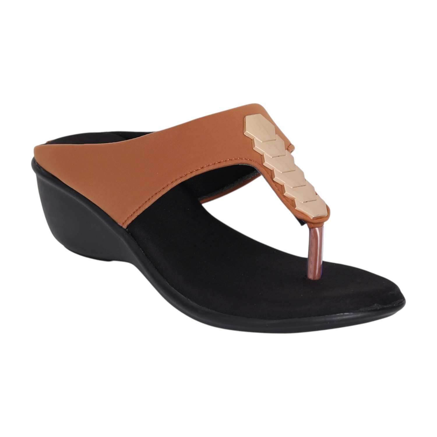 Women Tan Gold Accent Wedge Sandals