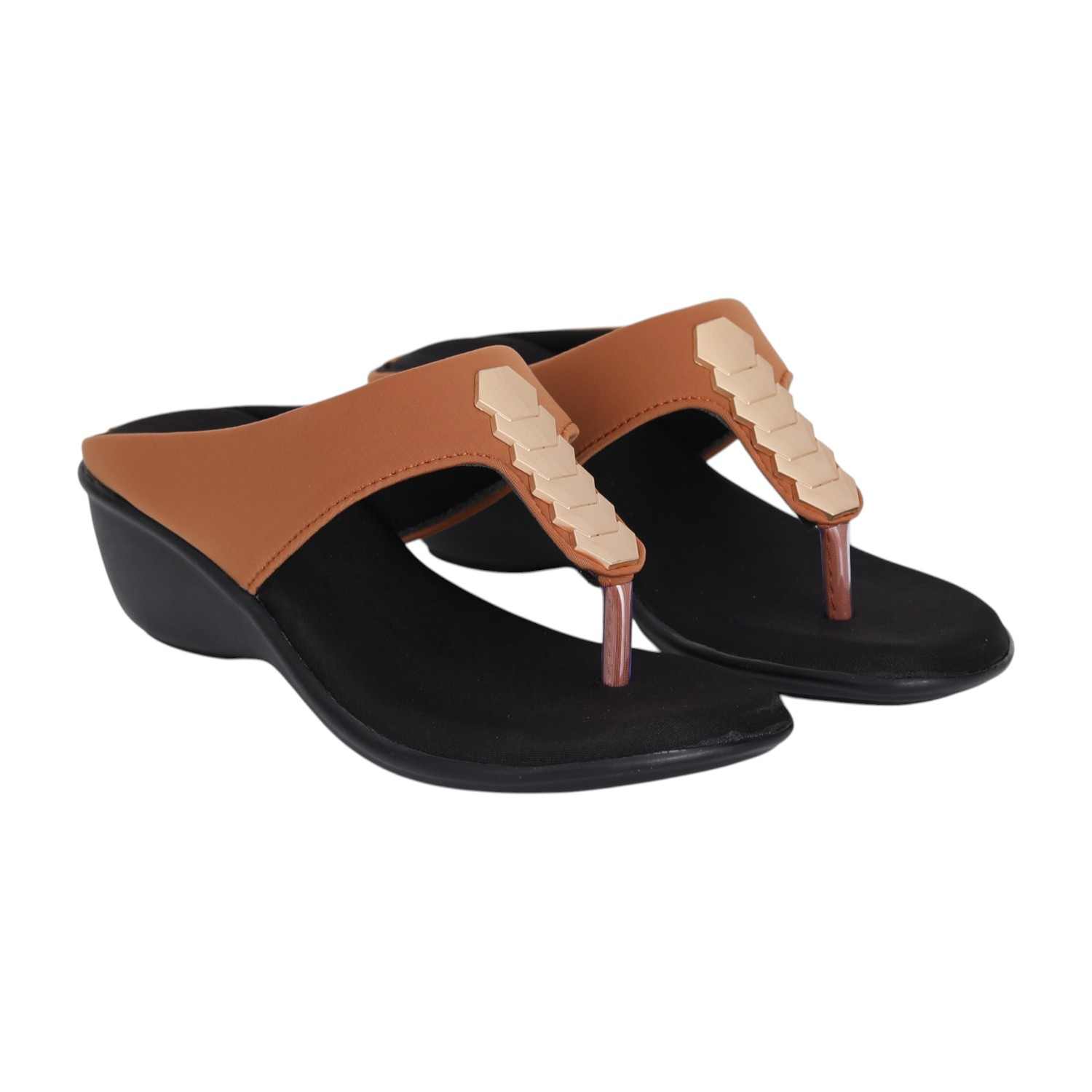 Women Tan Gold Accent Wedge Sandals