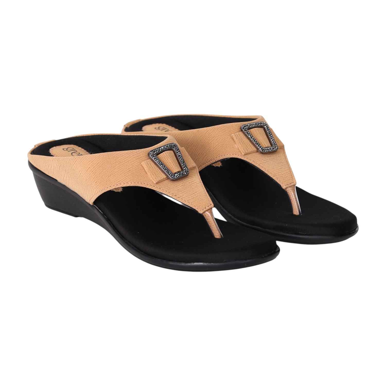 Women Beige Wedge Heel Sandals with Decorative Buckle