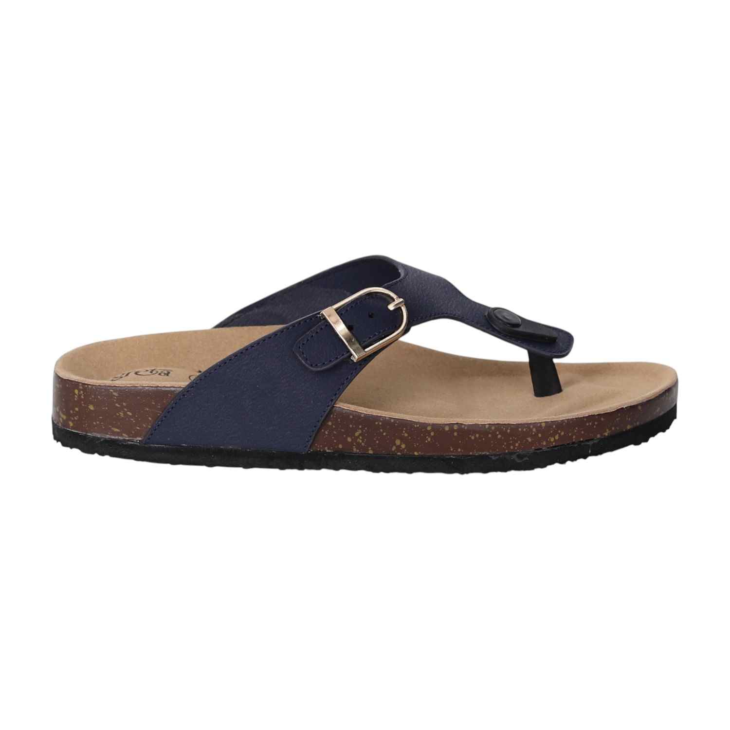 Women Navy Slip-On Sandals with Cork Footbed