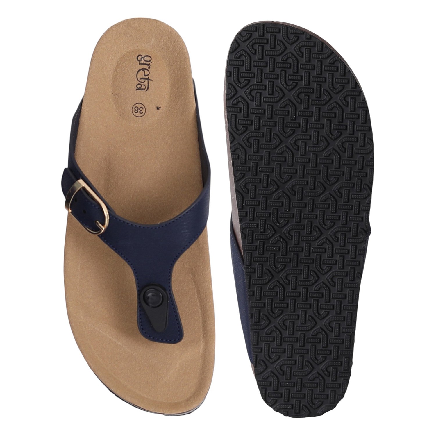 Women Navy Slip-On Sandals with Cork Footbed