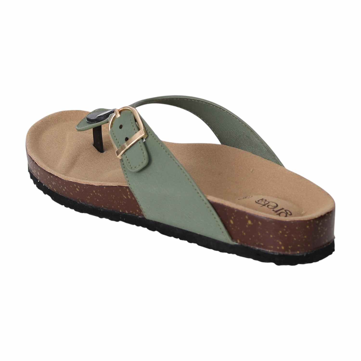 Women Olive Slip-On Sandals with Cork Footbed