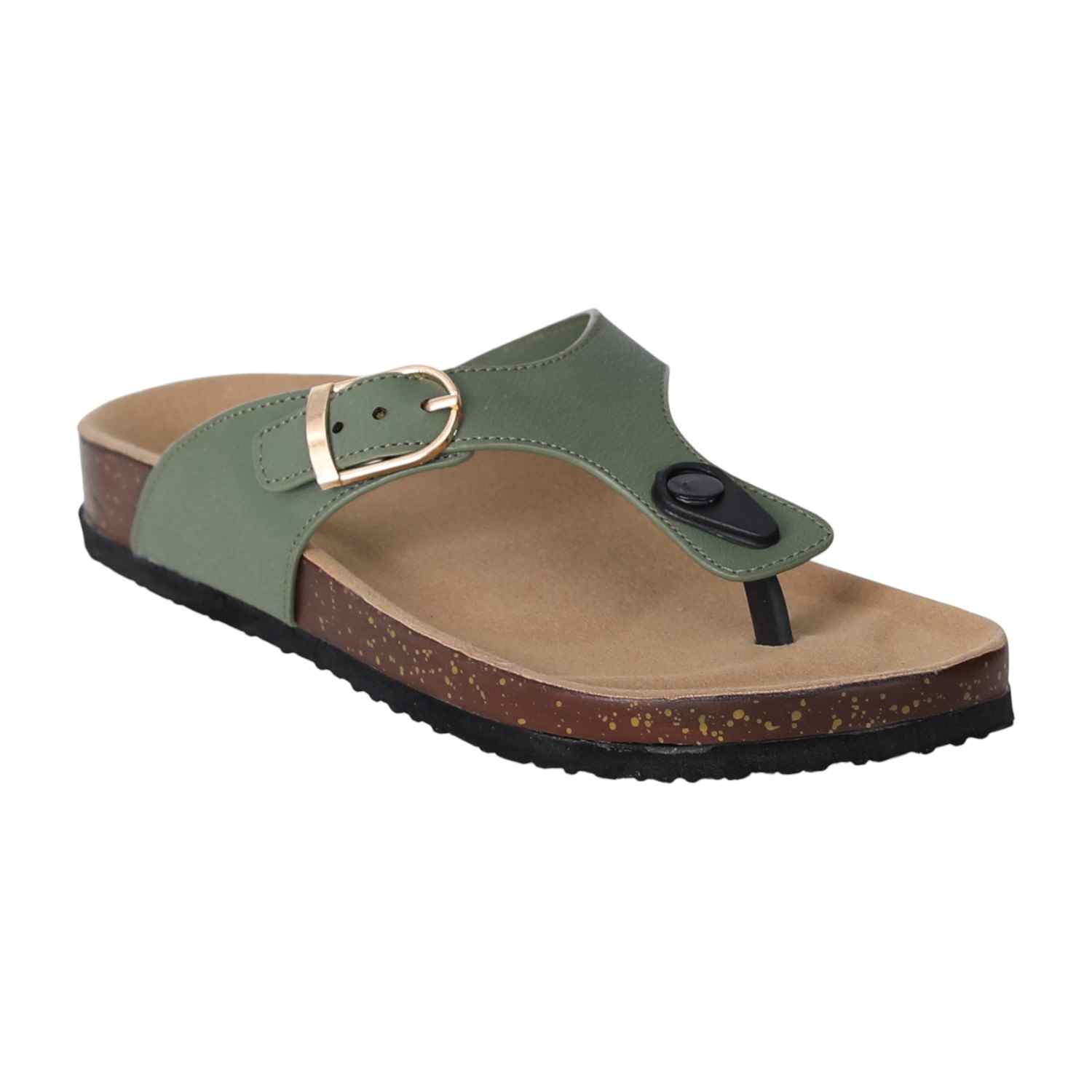 Women Olive Slip-On Sandals with Cork Footbed