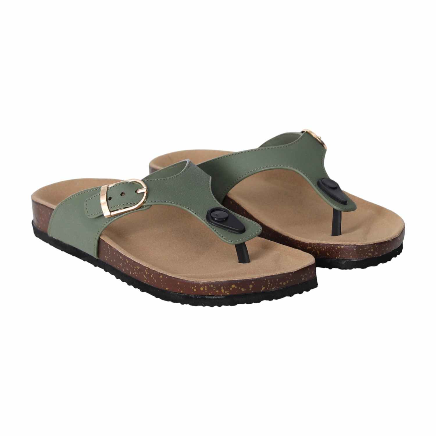 Women Olive Slip-On Sandals with Cork Footbed